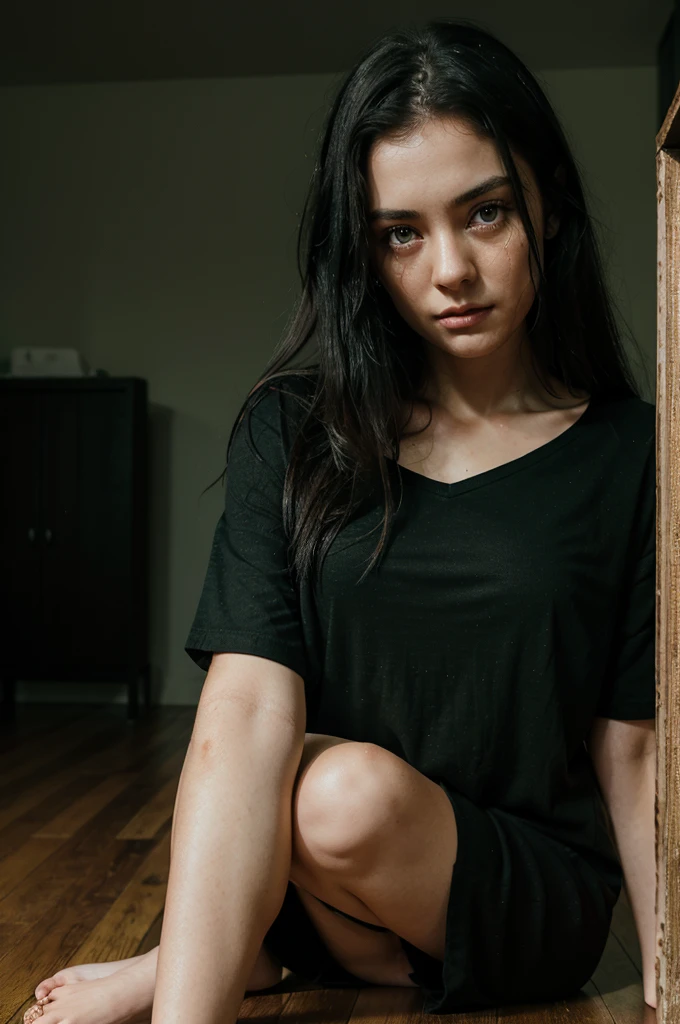 A black-haired girl a little messy her black hair, crying eyes, teary green eyes, tirada en el wooden floor, wooden floor, fine facines, large eyes, green look, scary face, his body covered by a black shirt, wearing a black shirt, in the background a dark room, a night room,pale skin, pale skin, detailed, better quality, tears come out of her green eyes, dark room, dark room