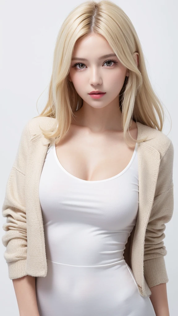 (((forehead、White Blonde Hair、Northern Europe、White people、beautiful girl、Blonde、White background、open jacket、lender )))、table top, highest quality, figure, super detailed, finely, High resolution, 8k wallpaper, Perfect dynamic composition, detailed and beautiful eyes, Deco out,bionde, medium hair, big breasts, Natural color lip,white background, random cute poses,frill dress