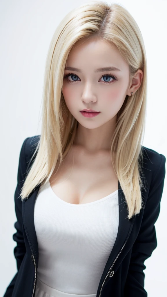 (((forehead、White Blonde Hair、Northern Europe、White people、beautiful girl、Blonde、White background、open jacket、lender )))、table top, highest quality, figure, super detailed, finely, High resolution, 8k wallpaper, Perfect dynamic composition, detailed and beautiful eyes, Deco out,bionde, medium hair, big breasts, Natural color lip,white background, random cute poses,frill dress