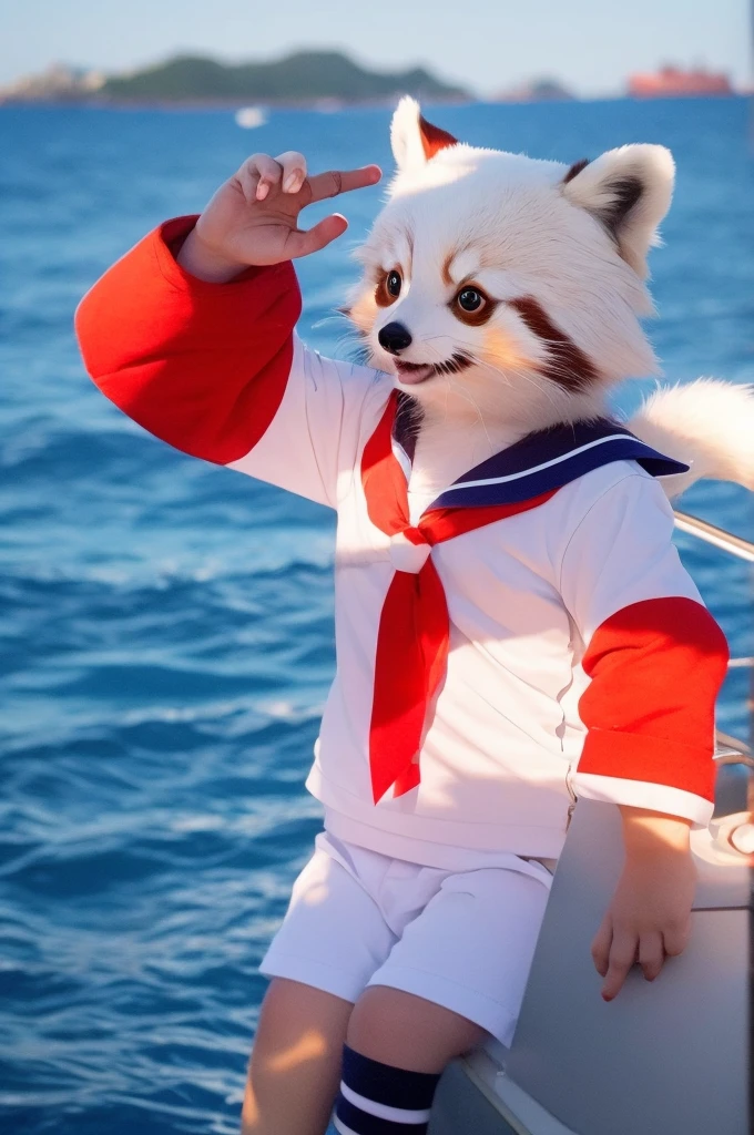 Male Red Panda, Ocean, Appeared wearing a sailor uniform! One in heat, Sitting,fly in the sky，Blue light
