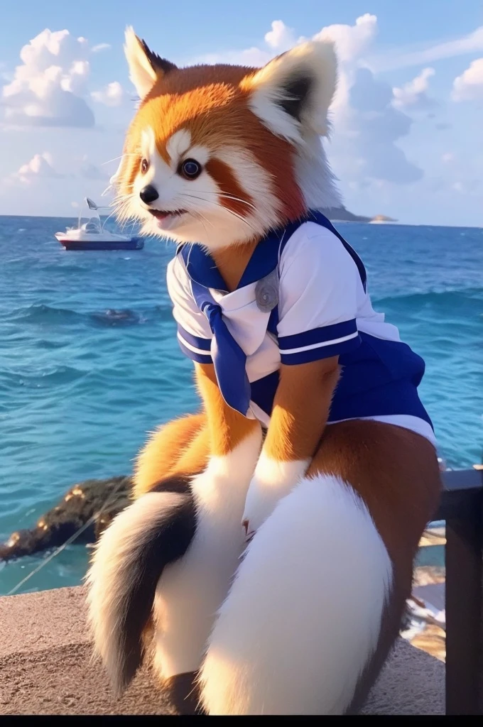 Male Red Panda, Ocean, Appeared wearing a sailor uniform! One in heat, Sitting,fly in the sky，Blue light
