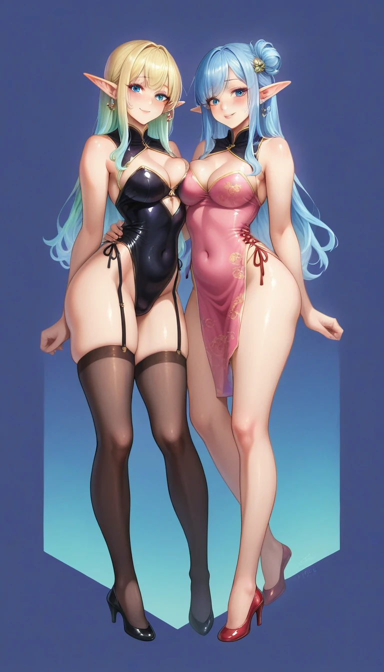 Seamless geometric,The art of stitching,Geometric puzzle style,2 sexy girls, Elf ears,Shining eyes, , happiness,Lovely smile, Colored undercoat,Gradient hair,Smooth lines, Clean silhouette, (Plump figure and slender legs:1.1), Go to shoes,Blue geometric pattern cheongsam,There are colorful geometric shapes around,Vibrant colors,Eye-Catching Composition,abstract pattern,Geometric symmetry,Sexual suggestion,Blank Background,Black fishnet stockings,Devil's Point,Pink underwear,Artistic Interpretation,Expressive brushstrokes,Translucent layer,Contrasting tones,Warm and cool light exposure,Ethereal and magical atmosphere,Enchanting scene