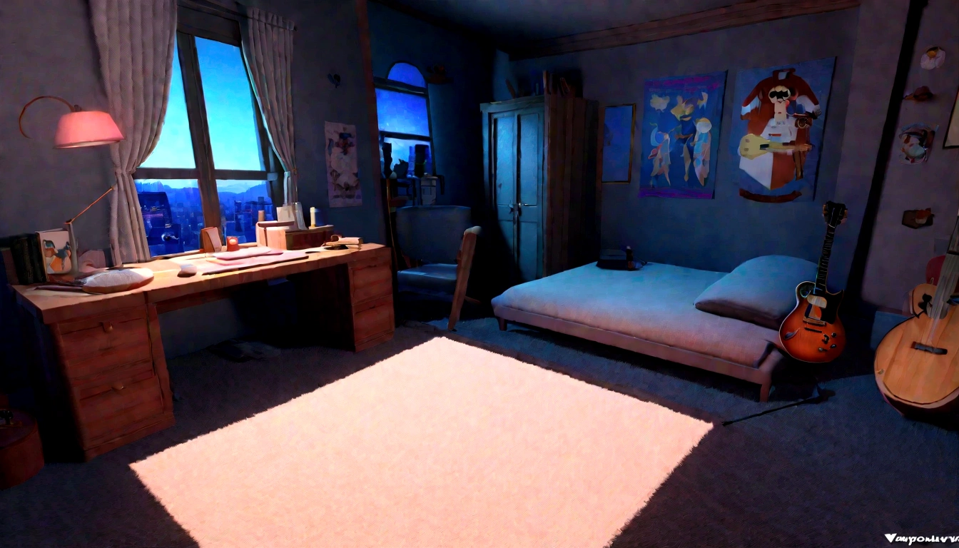 3D animated cinematic images of a cozy room, large windows overlooking the city at night, Moon with coat of arms, Melancholic, sad mood, The bed is not made, computer desk, full of mismatched furniture, Geek posters on the walls and a guitar in the corner,Pixar-style, Disney, vapourwave