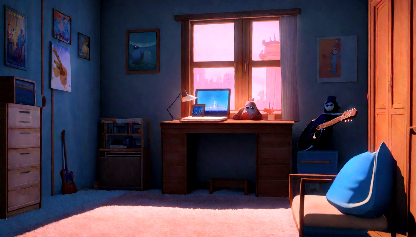 3D animated cinematic images of a cozy room, large windows overlooking the city at night, Moon with coat of arms, Melancholic, sad mood, The bed is not made, computer desk, full of mismatched furniture, Geek posters on the walls and a guitar in the corner,Pixar-style, Disney, vapourwave