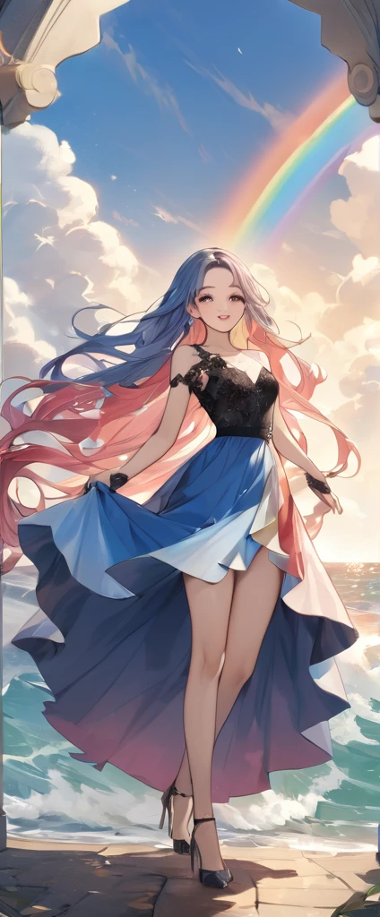 A stunning portrait of a with rainbow-coloured hair, a mix of blue and pink, under a brilliant sky on a sunny summer day、A breathtaking view unfolds。Half blue and half pink、A girl with colorful, flowing hair、Standing with a captivating smile。Long curls cascading down in golden waves、Frames bright sky blue eyes。Red and black repair dress 1.Wearing a voluminous 2-meter skirt、Captivate the audience with elegance。The dress was torn in many places、It is revealed