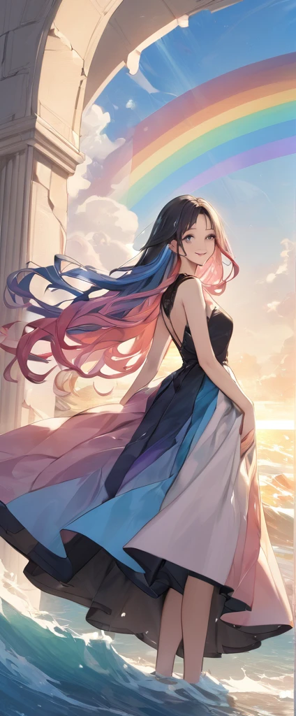 A stunning portrait of a 17-year-old girl with rainbow-coloured hair, a mix of blue and pink, under a brilliant sky on a sunny summer day、A breathtaking view unfolds。Half blue and half pink、A girl with colorful, flowing hair、Standing with a captivating smile。Long curls cascading down in golden waves、Frames bright sky blue eyes。Red and black repair dress 1.Wearing a voluminous 2-meter skirt、Captivate the audience with elegance。The dress was torn in many places、It is revealed