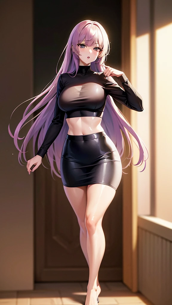 1 woman, long loose hair, full body, beautiful curves, proportional bust, wearing a mini striped skirt and a crop top, perfect face, transparent stockings, (best quality,4k,8k,highres,masterpiece:1.2),ultra-detailed,(realistic,photorealistic,photo-realistic:1.37),digital art, cinematic lighting, dramatic lighting, highly detailed, sharp focus, vibrant colors, elegant, sensual, graceful