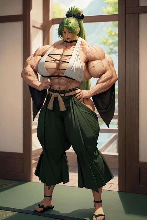((((Massive tall, beautiful, buff, light brown skinned muscular woman with green hair, black lipstick, ginormous bulky muscles and wearing a black hakama pants and green haori)))), (close view), (massive muscles), long curvy hair, ((sash belt)), orange eyes, choker, ((black hakama)), (green haori), sandals, (in the star filled beautiful village), closed smile, night, ginormous muscles