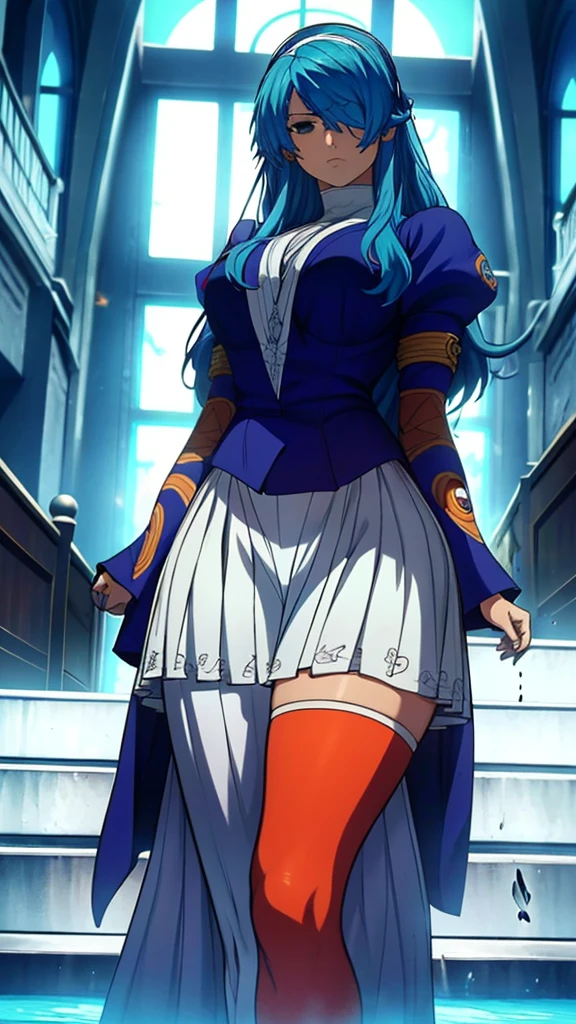 High detailed, 1 girl, sigui, sigui's hairstyle aegean-blue colored hair, detailed Cyan eye, eyepatch, busty, huge And round buson, Orange sattela's clothes, sattela's Long skirt, violent face, serious face, eyepatch, eyepatch, eyepatch, looking to the viewer, facing the viewer