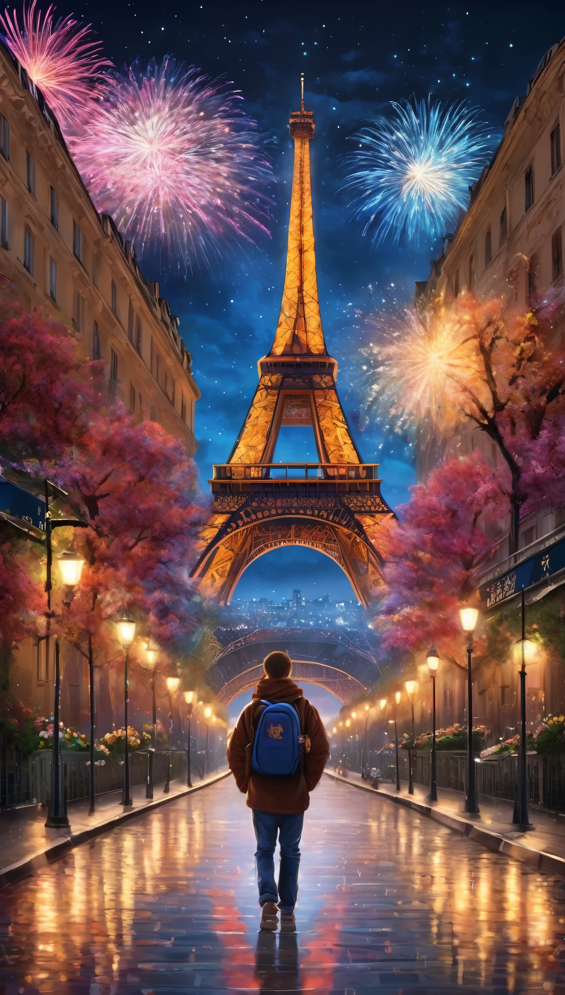 ((2024 Logo, Firework Symbolism surround the word 2024)). (masterpiece), (best quality), (Extremely detailed), Art, Surrealism, Impressionism, Dreamy atmosphere, Impressionism风格, An iconic landmark of Paris emerges as a whimsical dreamscape. A colorful firework on the Sky, can see the Eiffel Tower at the end of the road, ((Multiple boys, Sky, cloud, 2 boys, Bag, From the back, Star (Symbolism), Star (Sky), new year ,2024, template, Background overlooking the city&#39;s architecture and vibrant culture)) Surrealism的转折. Fireworks at night. Paris, Eiffel Tower, Vincent van Gogh《starry night》的宇宙色彩与萨尔瓦多达利的Surrealism天体精确性, Echoing Turner&#39;s atmosphere, blurring the line between reality and fantasy and fireworks in Sky. Happy 2024 年new year, 2024 年new year, permanent, Male focus, outdoor.