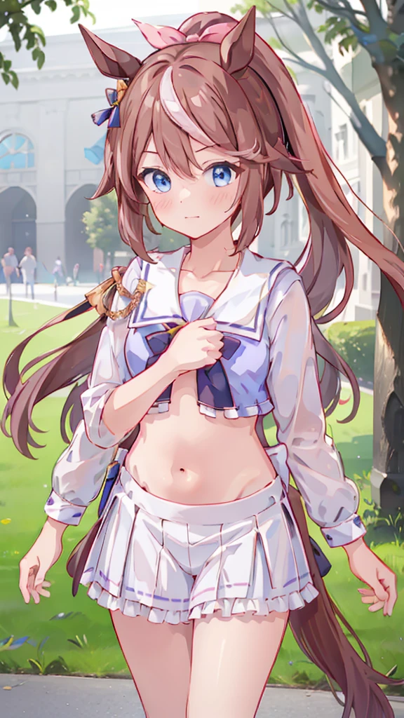 Highest quality,masterpiece, best resolution, nsfw, 1 girl, sailor uniform, topless, flat chest,pink nipple, belly button,outdoor, blush, standing, horse ears, horse tail