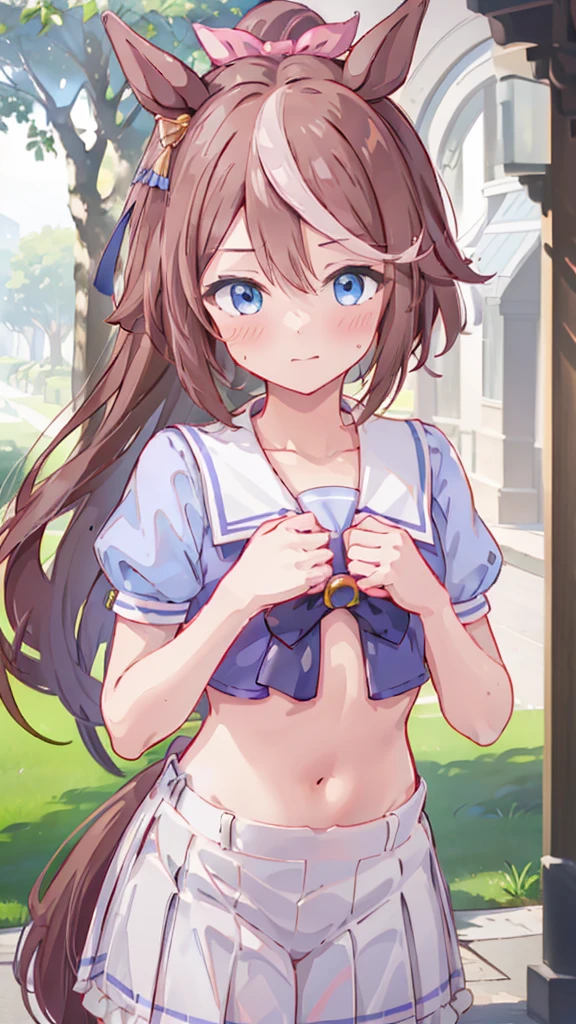 Highest quality,masterpiece, best resolution, nsfw, 1 girl, sailor uniform, topless, flat chest,pink nipple, belly button,outdoor, blush, standing, horse ears, horse tail