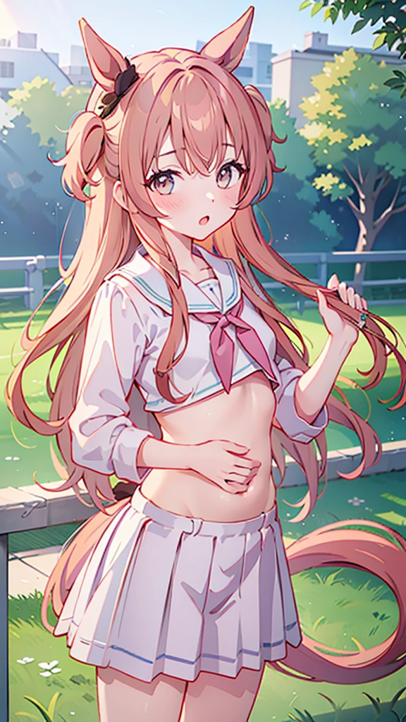 Highest quality,masterpiece, best resolution, nsfw, 1 girl, sailor uniform, topless, flat chest,pink nipple, belly button,outdoor, blush, standing, horse ears, horse tail