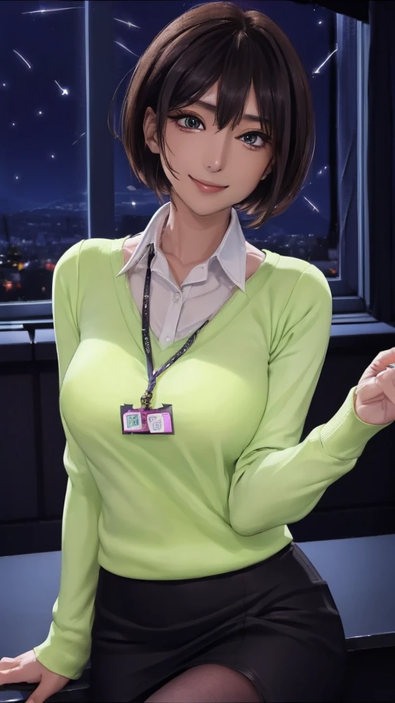 REALtic, masterpiece, highest quality, アニメ, highly detailed face, highly detailed eyes, highly detailed background, perfect lighting, whole body, 1 girl, alone, Harusaki Nodoka, collared shirt, Green sweater, black skirt, pantyhose, photo ID card, embarrassing, sexy smile, Are standing, office 、((night:1.8, Dark Room:1.5))