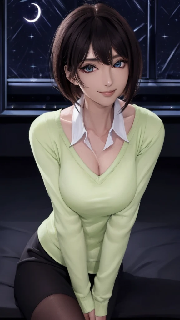 REALtic, masterpiece, highest quality, アニメ, highly detailed face, highly detailed eyes, highly detailed background, perfect lighting, whole body, 1 girl, alone, Harusaki Nodoka, collared shirt, Green sweater, black skirt, pantyhose, photo ID card, embarrassing, sexy smile, Are standing, office 、((night:1.8, Dark Room:1.5))