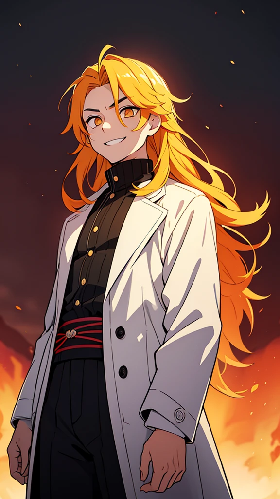 taisho period Japan man, dark aesthetic, darkwave aesthetic, grunge aesthetic, eerie moorlands behind him, dark aesthetics, eerie thriller aesthetic, dark and moody aesthetic, ominous, bright yellow hair, bright orange eyes, wolfcut, Kyojuro Rengoku, turtleneck sweater, demon slayer, kimetsu no yaiba, confident expression, long hair, white open jacket, solo, reference art, 20-year-old male, white open trench coat, yellow long flowy hair, stubble, 30-year-old male, smile