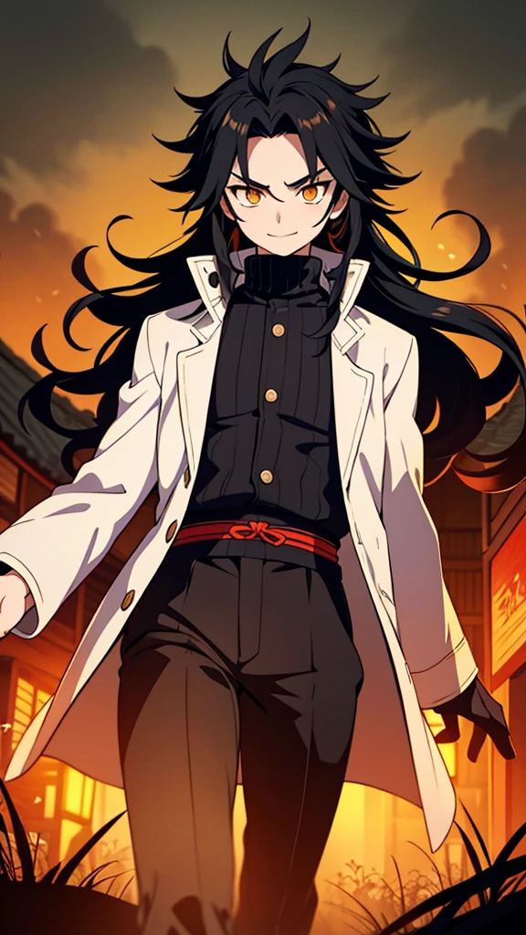 taisho period Japan man, dark aesthetic, darkwave aesthetic, grunge aesthetic, eerie moorlands behind him, dark aesthetics, eerie thriller aesthetic, dark and moody aesthetic, ominous, bright yellow hair, bright orange eyes, wolfcut, Kyojuro Rengoku, turtleneck sweater, demon slayer, kimetsu no yaiba, confident expression, long hair, white open jacket, solo, reference art, 20-year-old male, white open trench coat, yellow long flowy hair, stubble, 30-year-old male, smile