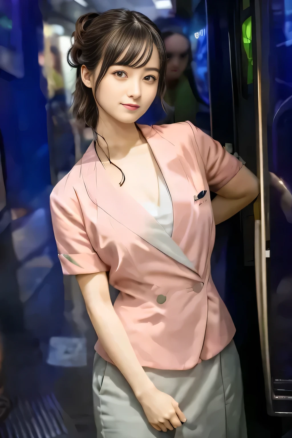 (masterpiece:1.2, Highest quality:1.2), 32k HDR, High resolution, (alone、1 Girl)、 (height: 160cm)、(On the roof of a building in the daytime、Professional Lighting)、Building rooftop background、(Nankai train crew uniform pinkを着たリアルスタイル)、(Nankai Railway crew uniform, pink, short sleeve, collarless, pink jacket、Nankai Railway crew uniform pink no-collar short-sleeve blouse、Nankai Railway crew uniform, pink grey, knee-length culottes)、(A pink jacket peeks out from under the culottes.)、Dark brown hair、(Hair tied up、Hair tied up、Evening curly hairstyles)、Dark brown hair、Long Shot、Big Breasts、Thin legs、((Great hands:2.0)),((Harmonious body proportions:1.5)),((Normal limbs:2.0)),((Normal finger:2.0)),((Delicate eyes:2.0)),((Normal eyes:2.0)))、smile、(Nankai Railway crew uniform, pink grey, knee-length culottesを見せた美しい歩く姿)、Place your hands around your stomach、Strap Employee ID Card
