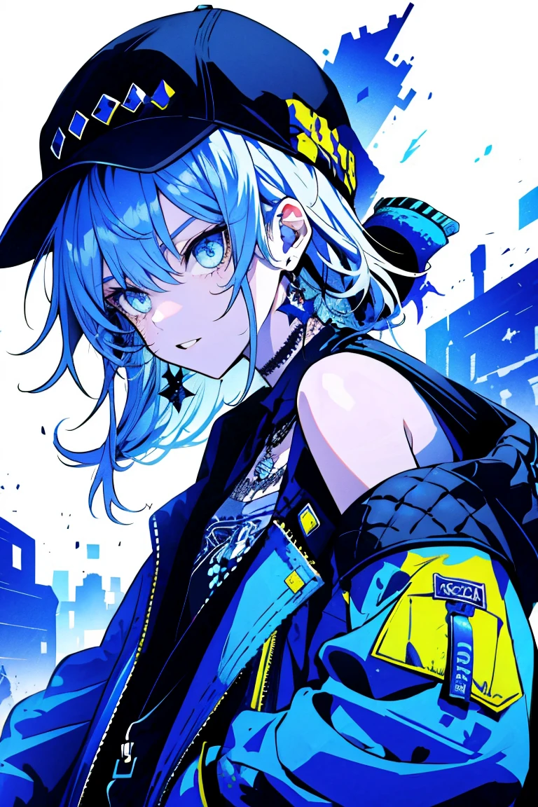 One Girl,Back Shadow Splatter,paint splatter sweatshirt,off shoulder clothing,Baseball cap,Alchemy Research Institute,Mysteries of the Uncharted Territories,Put your hands in your pockets,Blue Hair,iris,game scene graph, Rain street background