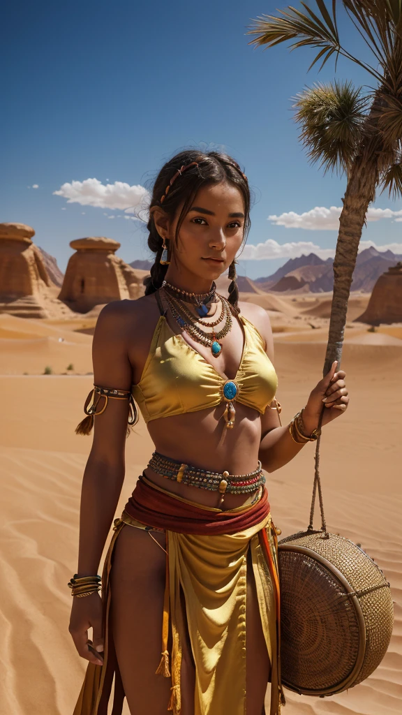 (realistic portrait of a woman,1girl,traditional costume,holding a small drum,in the desert,shamanic costume,holding a sphere,beautiful youth,ancient princess,Silk Road scenery,sky clear and transparent,vanishing line below waist,best quality,8k,highres,masterpiece:1.2,ultra-detailed,photorealistic:1.37,studio lighting,physically-based rendering,extreme detail description,vivid colors,bokeh)