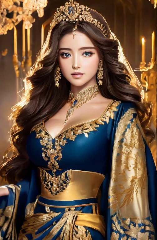 Absurd, ultra-detailed, high quality, masterpiece, detailed face, beautiful eyes(detailed eyes), Greek mythology, Goddess, Hera , the queen of the gods, striking and captivating, features are classically beautiful, with high cheekbones, a perfectly proportioned face, eyes depicted as large and captivating, hold an intense gaze, golden hair , Gole hair is luxuriant and flowing, cascading down her back in waves , wearing elegant robes adorned with intricate patterns , Her beauty is not merely superficial but embodies the essence of power, authority, and regality.