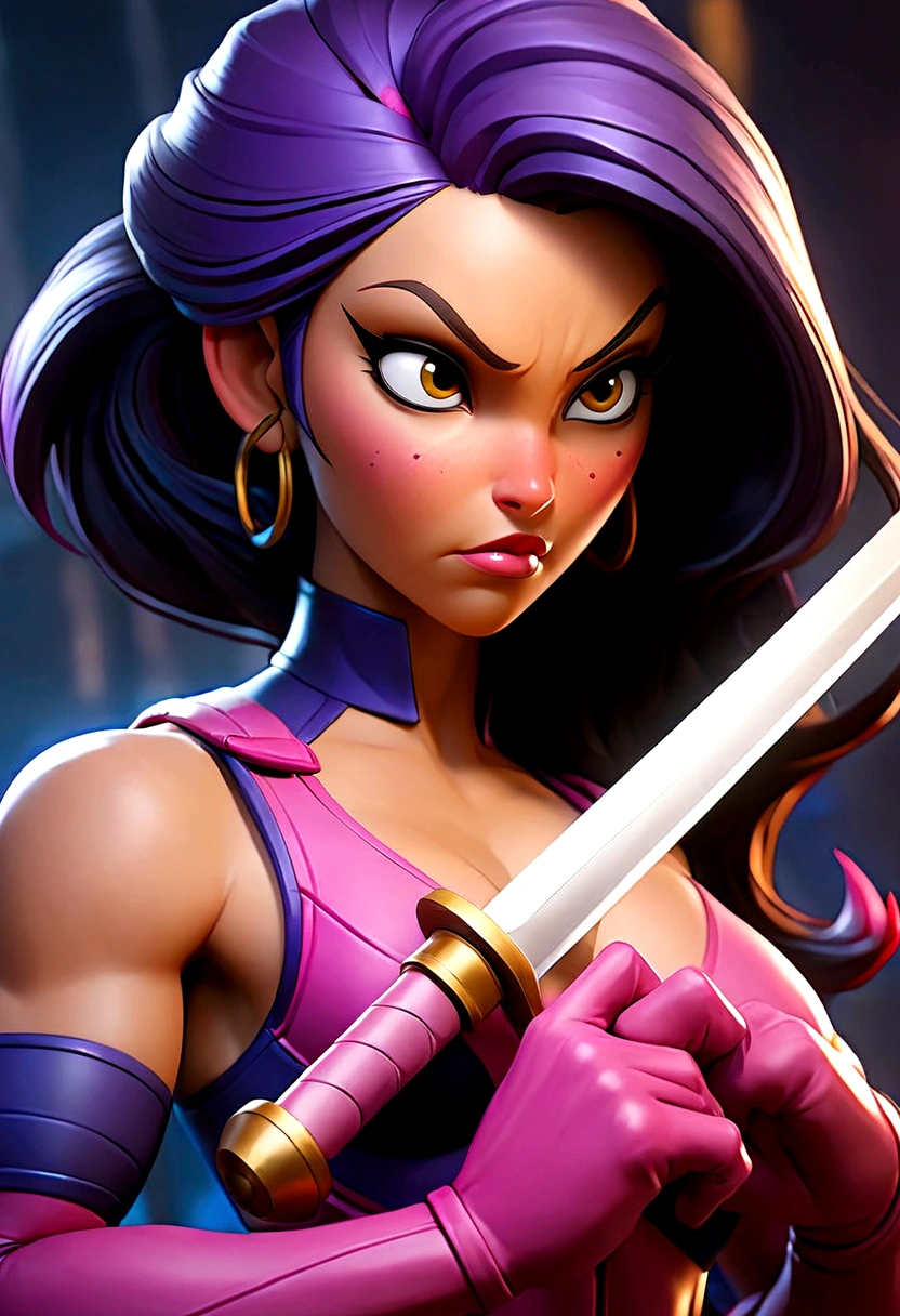 Arafed woman with big-boobs with abs muscle veins dressed in latex holding a sword and a sword., psychopath, PSYLOCKE de los x men, PSYLOCKE de los x men, young ninja gaiden portrait, retrato seductor de PSYLOCKE, samira from league of legends, PSYLOCKE de los xmem, PSYLOCKE, cosplay, heroine, PSYLOCKE, all naked hazel yellow cat eyes. ((smile)) 
