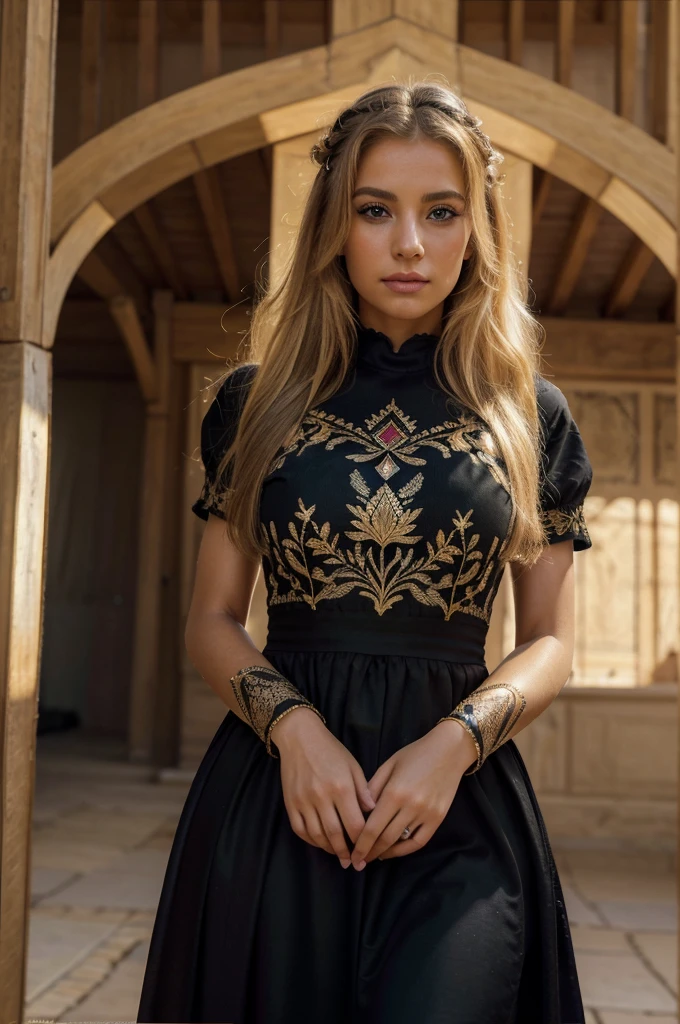 a beautiful blonde woman, beautiful golden blonde hair, detailed eyes, beautiful detailed lips, extremely detailed face, long eyelashes, in the country of Egypt, wearing a long black arab dress which goes to her feet, (best quality,4k,8k,highres,masterpiece:1.2),ultra-detailed,(realistic,photorealistic,photo-realistic:1.37),HDR,UHD,ultra-fine painting,sharp focus,physically-based rendering,extreme detail description,professional,vivid colors,bokeh,portrait, vue sur les pyramides en arrière plan, photo prise par un photographe, le cheveux porter par le vent, les mains derrière le dos