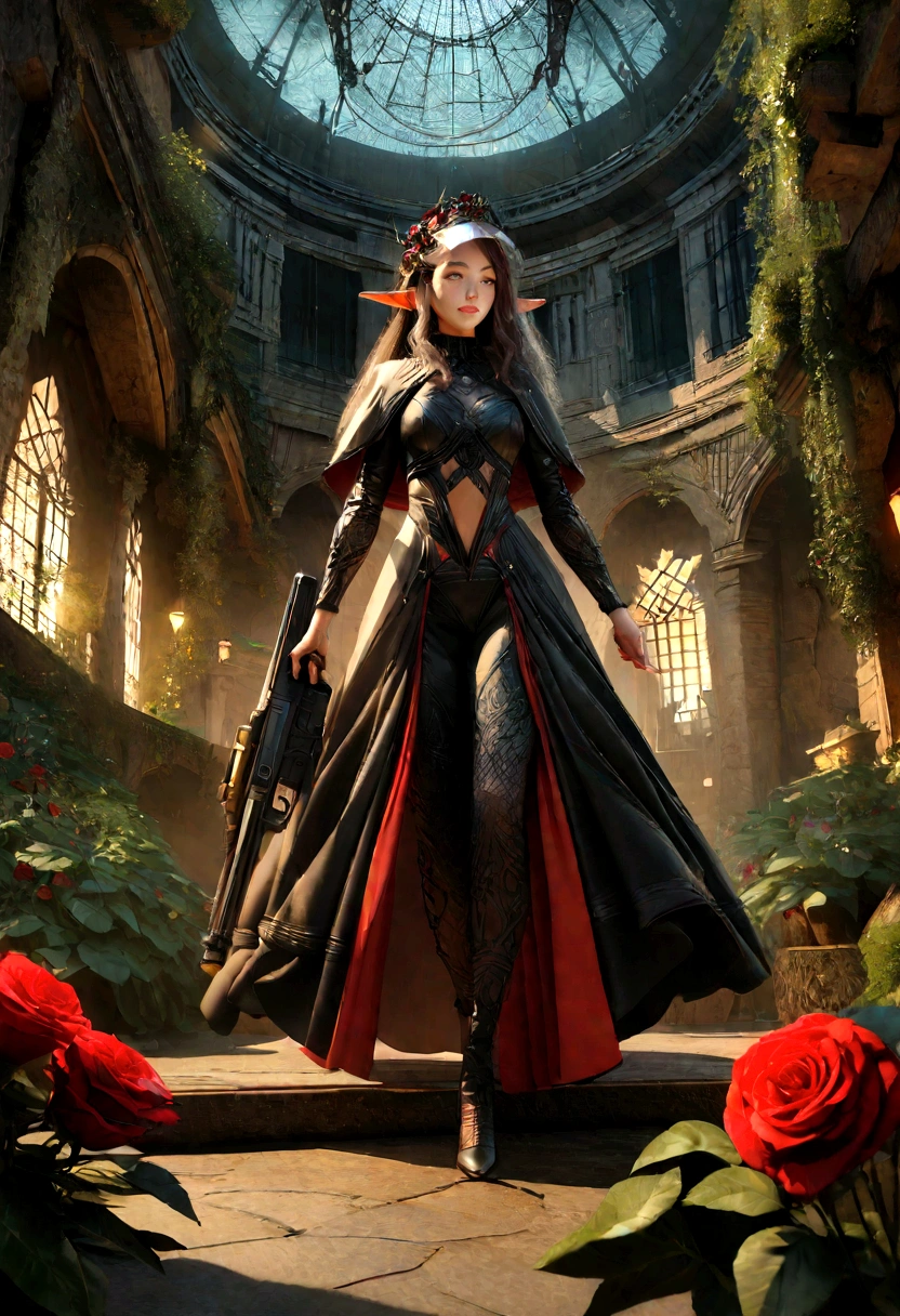 (professional 3d render:1.3) (Realistic:1.3) most beautiful artwork in the world, woman in a red and black organic outfit with a curved mask and a glass dome visor, organic surrounding red roses flowers and plants, dynamic glamor pose holding exquisite engraved space gun, fashionable alien heroine, vespertine, futuristic clothing and glass, movie still, avante garde design stylings inspired by red and black squares and curves(Intricate:1.4), decadent, (Highly detailed:1.4), Digital painting, rendering by octane, art stations, concept-art, smooth, Sharp focus, illustration, (Global illumination, Studio light, volumettic light), heavy rain, particles floating, (lotr, fantasy, elf, full body), ((Dark and ancient city background:1.4)