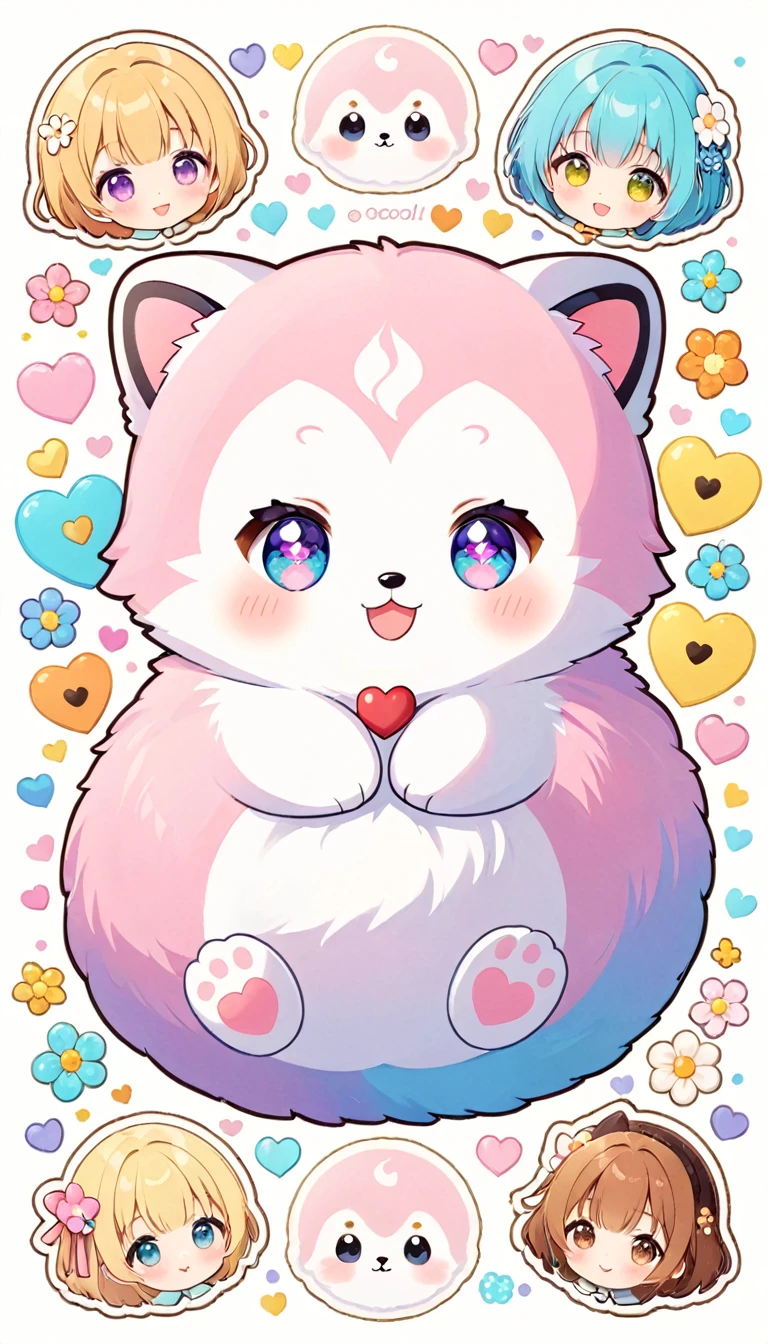 Cute stickers, Big round little animal, Sparkling eyes and a kind smile. soft, Pastel fur. Small creatures、Dainty, Heart-shaped flowers in complementary pastel colors, Enhance the overall appeal of the sticker.The white background、It provides the perfect canvas for these adorable creatures., The pastel color features are eye-catching、Eye-catching. The sticker designs exude a warm and playful energy., Adds a lovely accent to any piece.