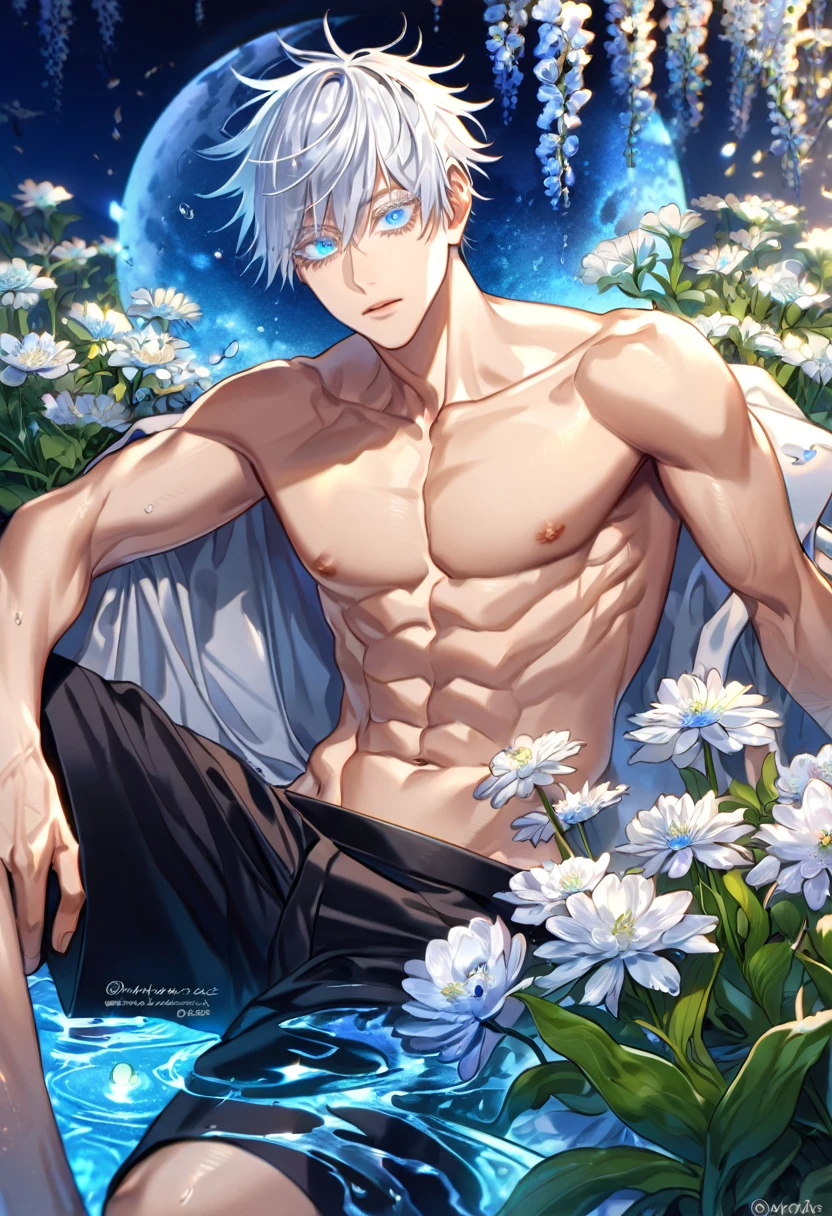 absurdres, highres, ultra detailed, HDR, master piece, Gojou Satoru, white hair with bangs, expressive blue eyes, white eyelashes, without shirt, Jujutsu Kaisen, sexy man, handsome, best quality, blue moon, flowers, fantasy, magical, solo, water, blue shining fireflies, blue petals, sitting, toned chest, bare chest, black shorts