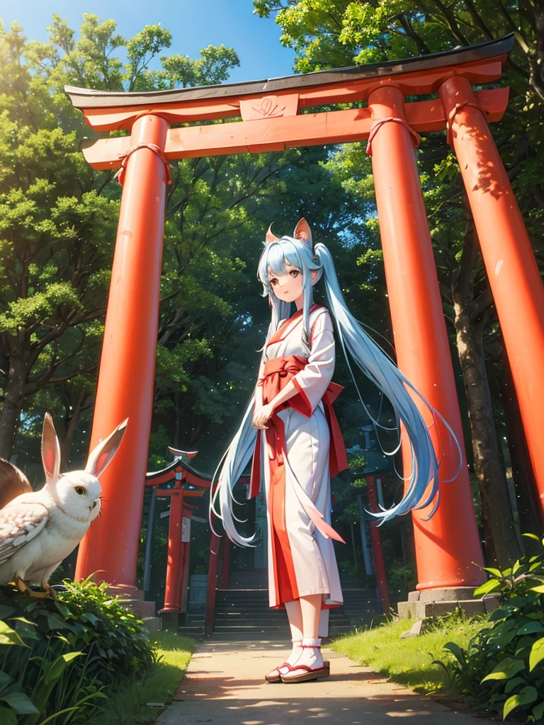 Squirrels and rabbits、white owl flying、Light blue long hair、Beautiful girl with twin tails、Red Torii Gate、A girl prays at a shrine in a forest of fresh greenery,The girl is depicted large in the center、Bright smile、blue sky、Fushimi Inari Shrine、Many torii gates、
