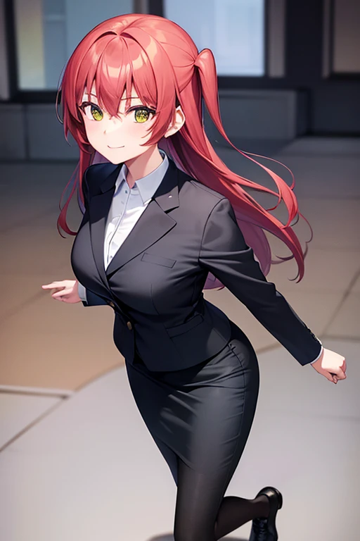 1girl, ikuyo kita, woman, office, suit, office lady, black skirt, black blazer, tight pencil skirt, skirt suit, maxi length skirt, pink shirt, collared shirt, long hair, looking at viewer, full body, smile, running