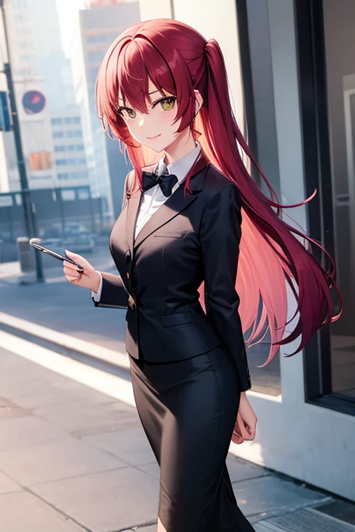 1girl, ikuyo kita, woman, office, suit, office lady, black skirt, black blazer, tight pencil skirt, skirt suit, maxi length skirt, pink shirt, collared shirt, long hair, looking at viewer, full body, smile, running