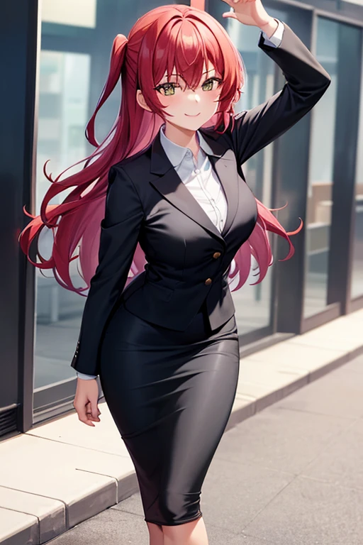 1girl, ikuyo kita, woman, office, suit, office lady, black skirt, black blazer, tight pencil skirt, skirt suit, maxi length skirt, pink shirt, collared shirt, long hair, looking at viewer, full body, smile, running