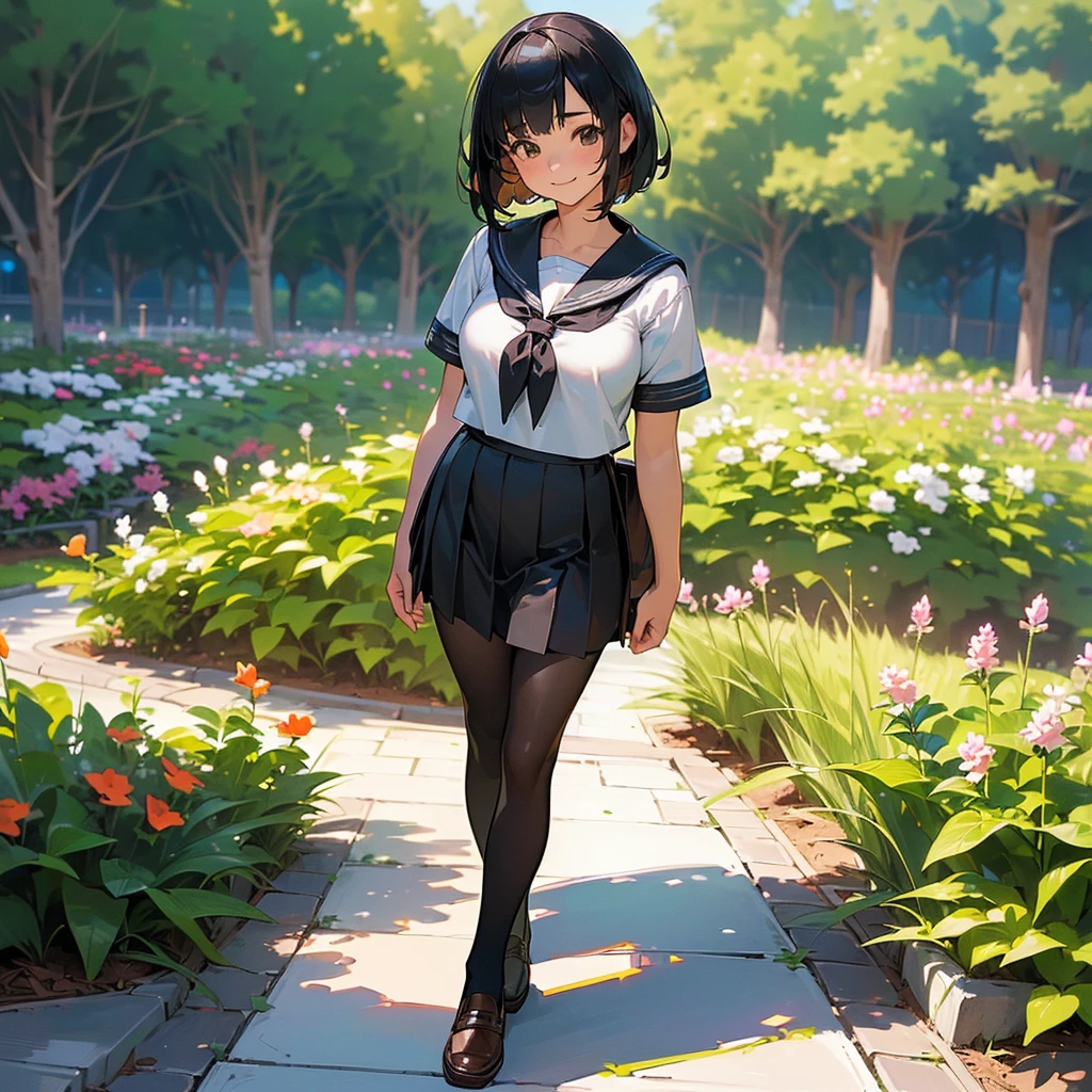 (Highest quality, High resolution, Super detailed, Realistic:1.37), Peaceful atmosphere, (Outdoor, garden),  girl standing alone,(my breasts are big.),Beautifully detailed features, Cute Smile, ((Black bob hair)),Short-sleeved sailor uniform, Pleated skirt,Black tights,Brown leather shoes.