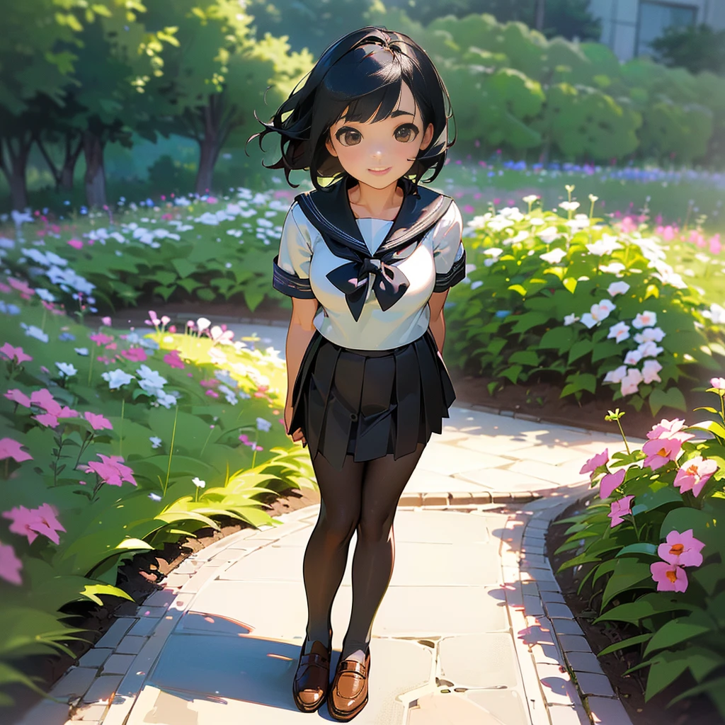(Highest quality, High resolution, Super detailed, Realistic:1.37), Peaceful atmosphere, (Outdoor, garden), Teenage girl standing alone,(my breasts are big.),Beautifully detailed features, Cute Smile, ((Black bob hair)),Short-sleeved sailor uniform, Pleated skirt,Black tights,Brown leather shoes.