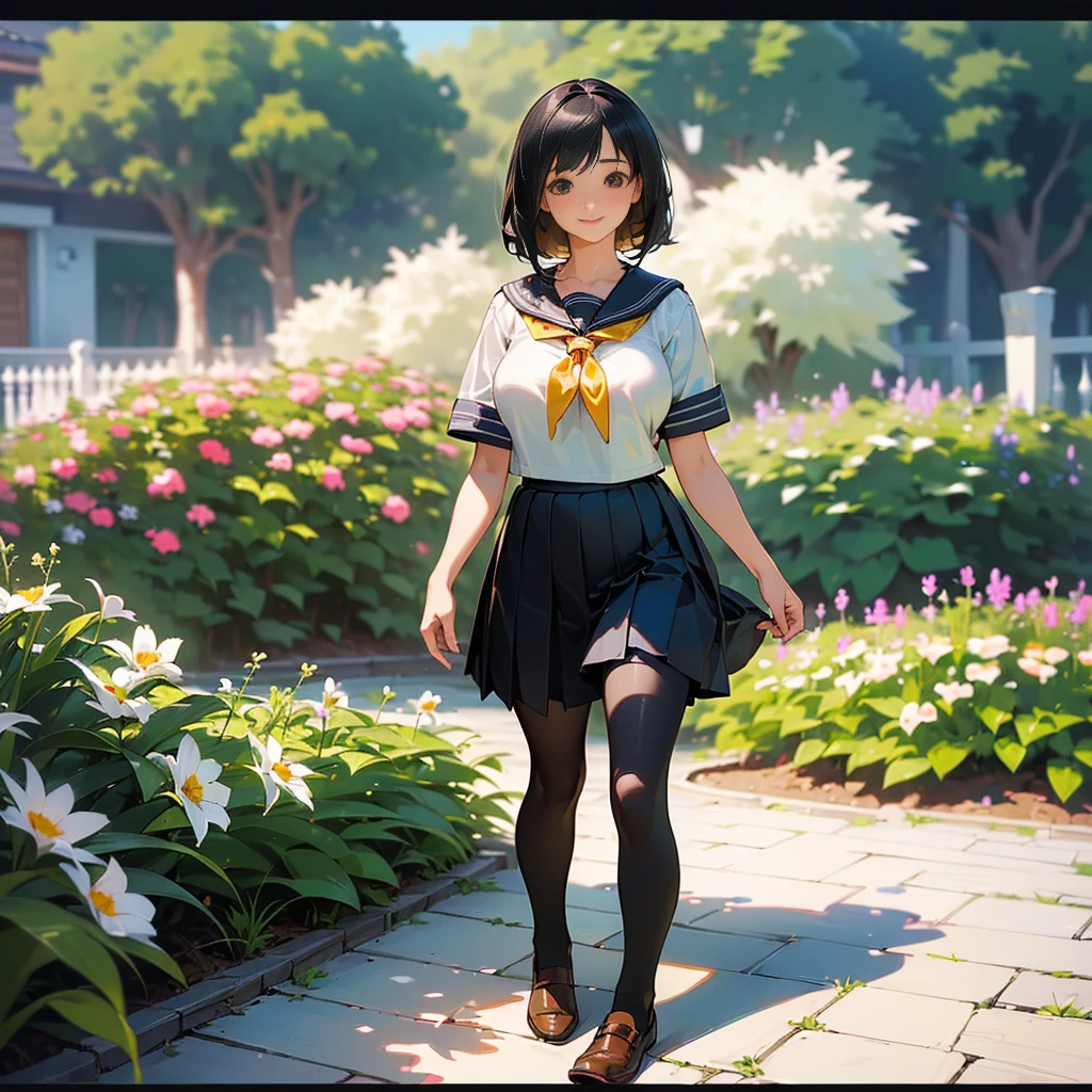 (Highest quality, High resolution, Super detailed, Realistic:1.37), Peaceful atmosphere, (Outdoor, garden), Teenage girl standing alone,(my breasts are big.),Beautifully detailed features, Cute Smile, ((Black bob hair)),Short-sleeved sailor uniform, Pleated skirt,Black tights,Brown leather shoes.