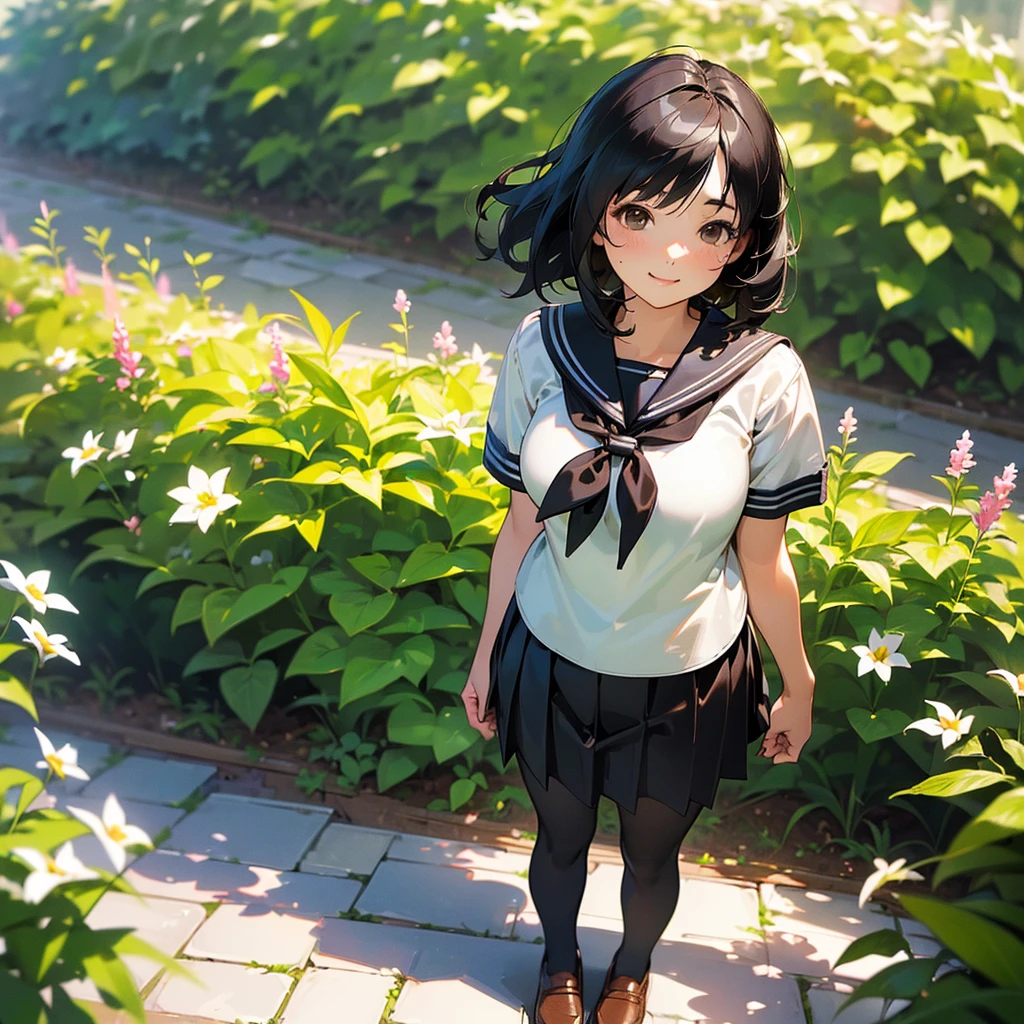 (Highest quality, High resolution, Super detailed, Realistic:1.37), Peaceful atmosphere, (Outdoor, garden), Teenage girl standing alone,(my breasts are big.),Beautifully detailed features, Cute Smile, ((Black bob hair)),Short-sleeved sailor uniform, Pleated skirt,Black tights,Brown leather shoes.