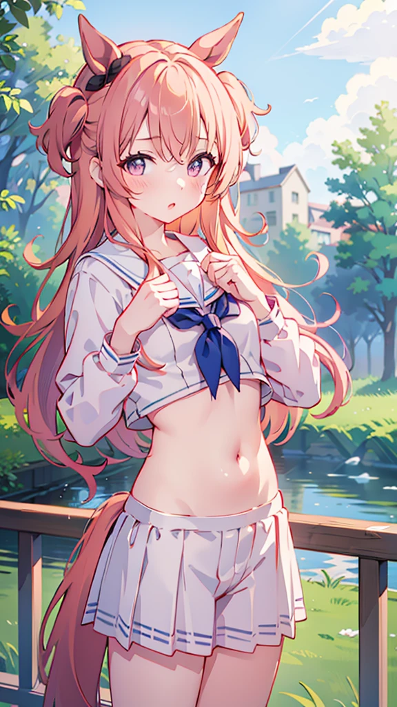 Highest quality,masterpiece, best resolution, nsfw, 1 girl, sailor uniform, topless, flat chest,pink nipple, belly button,outdoor, blush, standing, horse ears, horse tail