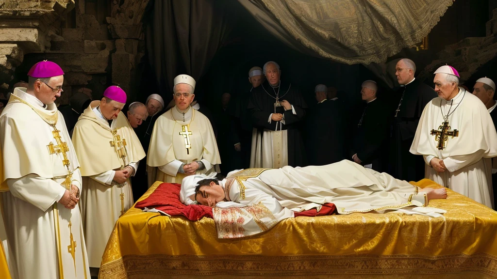 sharpened man lying on a bed surrounded by priests and priests, O Papa wakes up is his bed, O Papa is in his bed, The Catholic pope in his bed, biographical film, to alter, work of art&#39;, in this ominous scene, buried sparingly, still shot from movie, O Papa, holy, to the priests alone, worship of O Papa