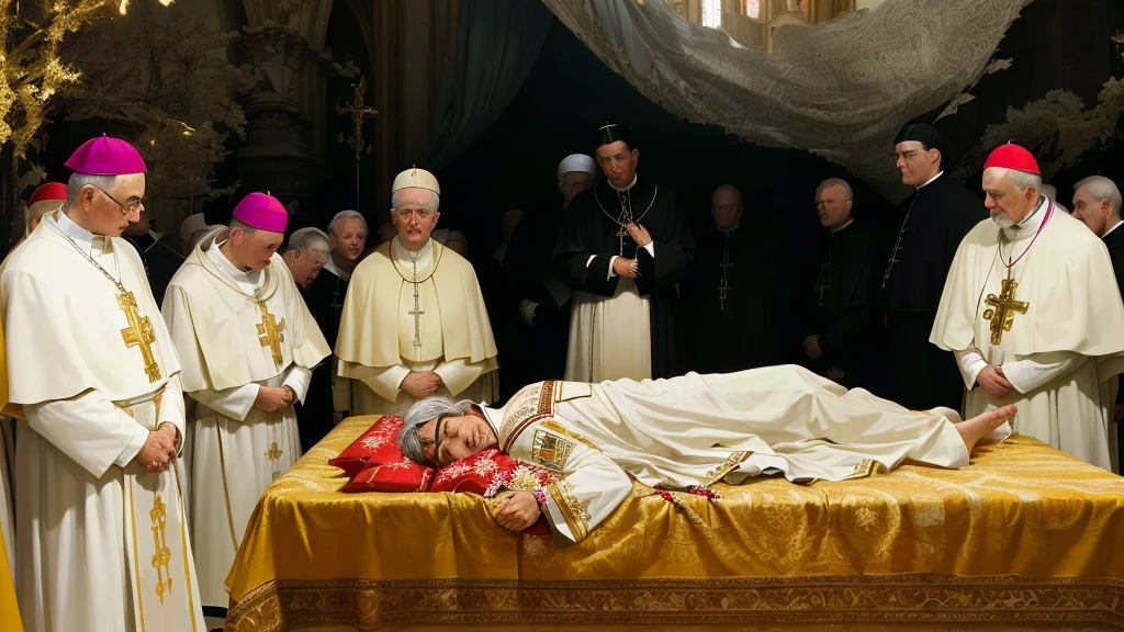 sharpened man lying on a bed surrounded by priests and priests, O Papa wakes up is his bed, O Papa is in his bed, The Catholic pope in his bed, biographical film, to alter, work of art', in this ominous scene, buried sparingly, still shot from movie, O Papa, holy, to the priests alone, worship of O Papa