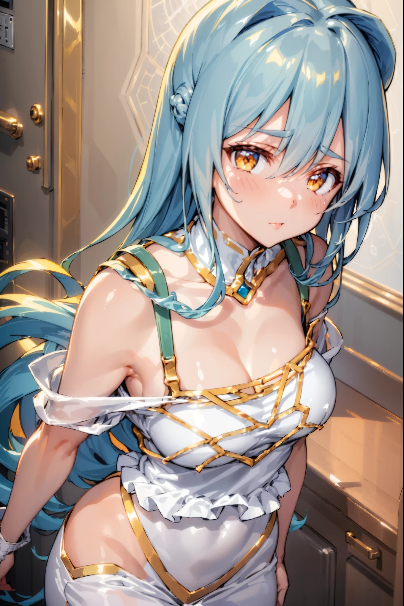 (((masterpiece))), (((best quality))), ((Extremely detailed)), (Highly detailed CG illustrations), ((Extremely delicate and beautiful)), light,((1 Girl)), Solitary, (Upper Body), (character focus), absurd, High contrast, Extremely detailed,rich and colorful,The most detailed, Science fiction, Nanosuit, High Ponytail, (Light blue hair), Yellow eyes, Knee-high boots, (Spacecraft interior), Mechanical limbs, Large Breasts, metallic line,