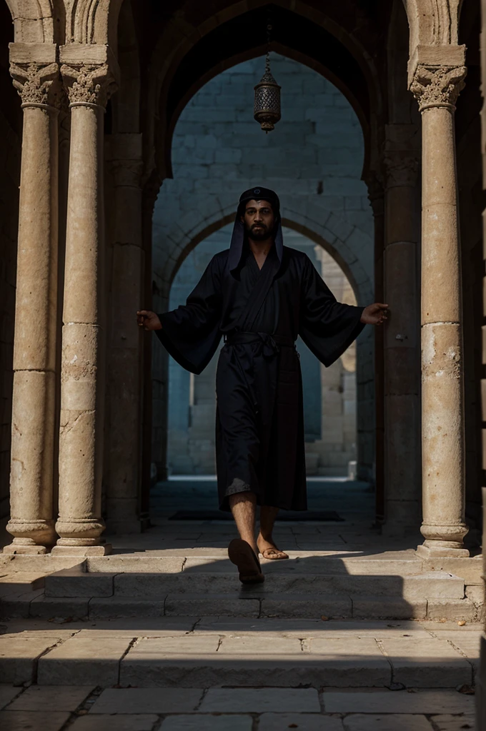 Prophet Sulaiman wore a staff in his right hand wearing a typical Arabic robe, around him were dozens of demon troops with various scary shapes, in a magnificent palace