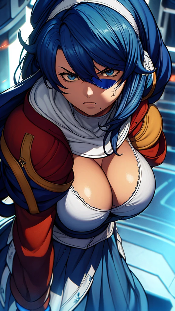 High detailed, 1 girl, sigui, sigui's hairstyle aegean-blue colored hair, detailed Cyan eye, eyepatch, busty, huge And round buson, Orange sattela's clothes, sattela's Long skirt, violent face, very angry face, eyepatch, eyepatch, eyepatch, looking to the viewer, several sparks