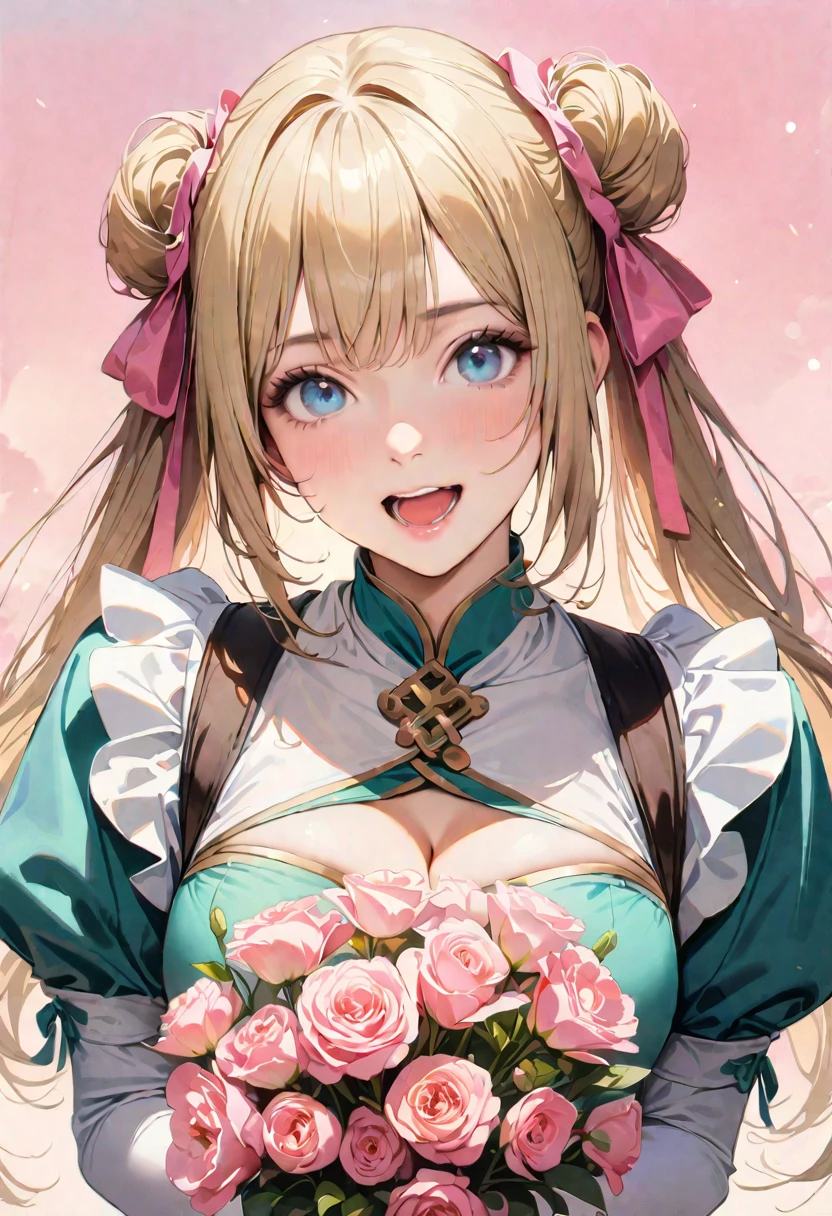 30 years old,1 mature woman,hyperrealistic, 8k, (extremely detailed 8k), (very delicate and beautiful), (masterpiece), (better quality:1.0), (ultra high resolution:1.0), (masterpiece, best quality), cute,blonde,cleavage cutout,(broen dress:1.3),gleaming skin,twintails,twin bun,a pink ribbon on the head,long hair,pastel green chinese maid dress,pastel green chinese dress,white long gloves,hold a bouquet of flowers,face and body straight at the camera,a bunch of flowers,POV,bust shot,white frill,puffy sleeves,laugh with open mouth,tareme,sky blue eyes,short truffle half apron,a gold buckle around someones neck,white corset,pink background,