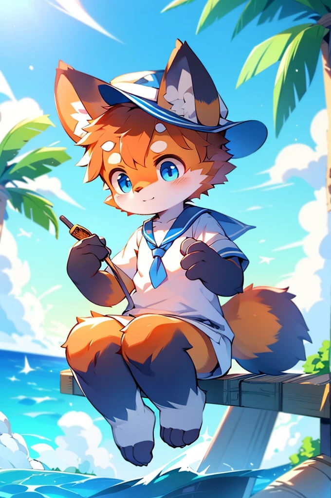 Male Red Panda, Ocean, Appeared wearing a sailor uniform! One in heat, Sitting,fly in the sky，Blue light