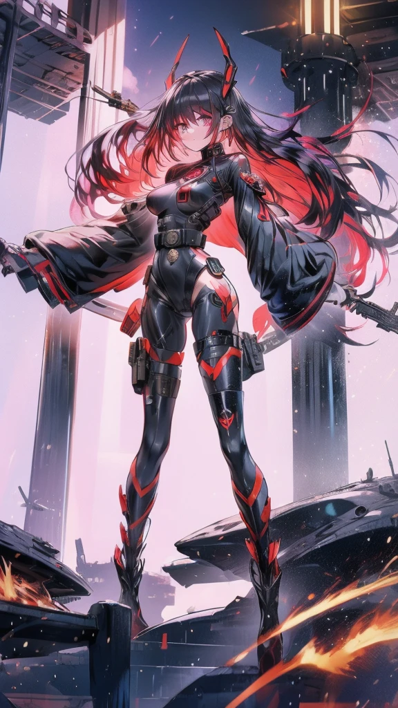 woman, long braided hair, vermilion hair, perfect body, futuristic monocle, metallic robot arms, red-purple eyes, military top, big breasts, beautiful thick thighs, wide hips, honey waist, purple red and black clothing , military boots, many belts, futuristic rifle, has war scars, posing with a rifle, full body focus, high definition details, dynamic lighting, RTX, military base background.