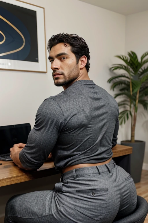 A Hispanic black man with a face that looks like Henry Cavill. black man, His body is muscular and he has a toothed beard.. Big Butt, in a moment of reflection. full body. Fajada shirt, semi formal clothing, grey pants, backside.
