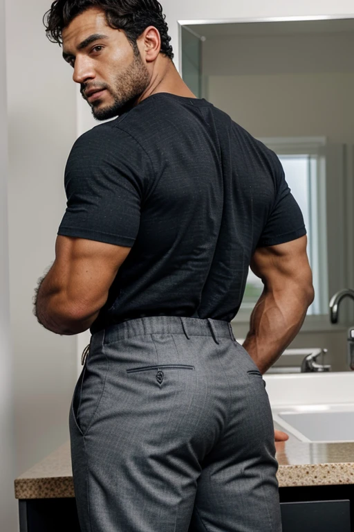 A Hispanic black man with a face that looks like Henry Cavill. black man, His body is muscular and he has a toothed beard..  Big Butt, in a moment of reflection. full body. Fajada shirt, semi formal clothing, grey pants, backside. 