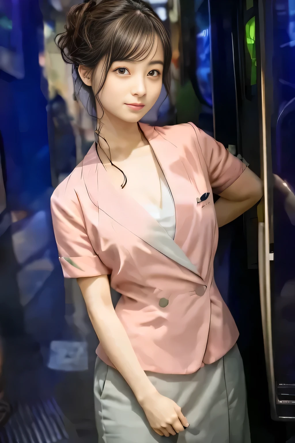 (masterpiece:1.2, Highest quality:1.2), 32k HDR, High resolution, (alone、1 Girl)、 (height: 160cm)、(On the roof of a building in the daytime、Professional Lighting)、Building rooftop background、(Nankai train crew uniform pinkを着たリアルスタイル)、(Nankai Railway crew uniform, pink, short sleeve, collarless, pink jacket、Nankai Railway crew uniform pink no-collar short-sleeve blouse、Nankai Railway crew uniform, pink grey, knee-length culottes)、(A pink jacket peeks out from under the culottes.)、Dark brown hair、(Hair tied up、Hair tied up、Evening curly hairstyles)、Dark brown hair、Long Shot、Big Breasts、Thin legs、((Great hands:2.0)),((Harmonious body proportions:1.5)),((Normal limbs:2.0)),((Normal finger:2.0)),((Delicate eyes:2.0)),((Normal eyes:2.0)))、smile、(Nankai Railway crew uniform, pink grey, knee-length culottesを見せた美しい歩く姿)、Place your hands around your stomach、Strap Employee ID Card